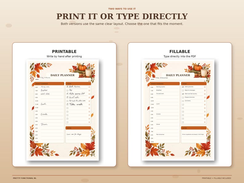 Autumn daily planner shown in printable handwritten and fillable PDF versions, demonstrating two ways to use the same planner digitally or on paper.