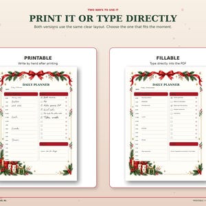 Christmas daily planner shown in printable handwritten and fillable PDF versions for planning on paper or typing digitally.