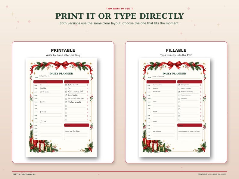Christmas daily planner shown in printable handwritten and fillable PDF versions for planning on paper or typing digitally.