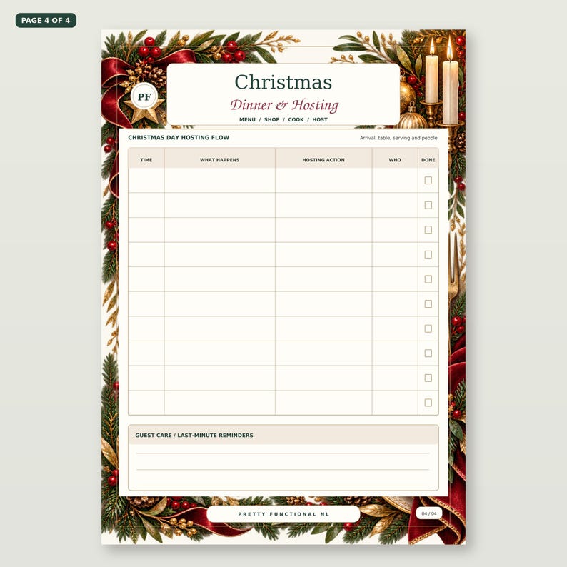 Christmas Dinner & Hosting Planner page 4 shown straight and large: Christmas Day hosting flow, with the actual printable layout and Pretty Functional NL branding.