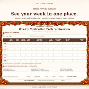 Large landscape weekly medication pattern overview in the Autumn design, with seven daily rows and weekly observations. Monday-start and Sunday-start pages are included.