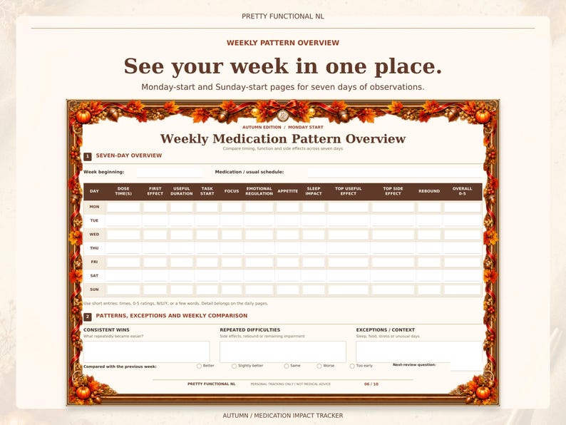 Large landscape weekly medication pattern overview in the Autumn design, with seven daily rows and weekly observations. Monday-start and Sunday-start pages are included.