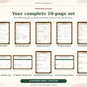 All 10 pages of the Christmas medication tracker: trial profile, two daily logs, quick check-in, side effect detail, two weekly starts, appointment summary, timeline and notes.