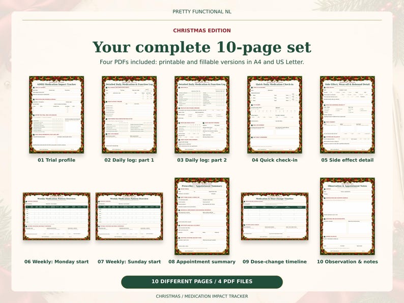 All 10 pages of the Christmas medication tracker: trial profile, two daily logs, quick check-in, side effect detail, two weekly starts, appointment summary, timeline and notes.