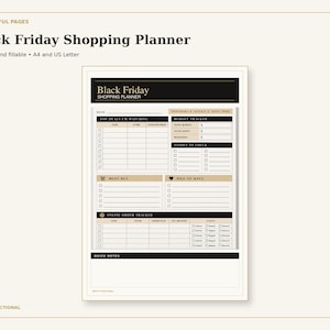 Straight, centered first page of the four-page Black Friday Shopping Planner in black and gold.