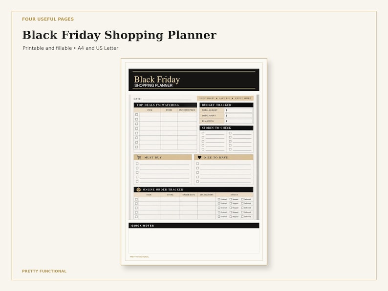 Straight, centered first page of the four-page Black Friday Shopping Planner in black and gold.