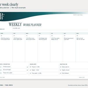 Tidal Index weekly printable planner filled with an illustrative November 2026 office planning example. All seven days, priorities, deadlines and waiting-on entries are visible. Design uses teal and petrol gradients and the PF monogram.
