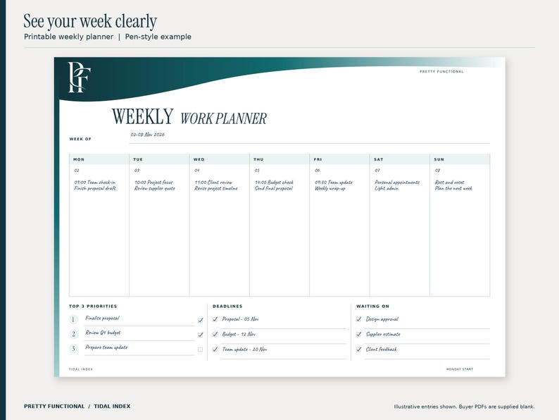 Tidal Index weekly printable planner filled with an illustrative November 2026 office planning example. All seven days, priorities, deadlines and waiting-on entries are visible. Design uses teal and petrol gradients and the PF monogram.