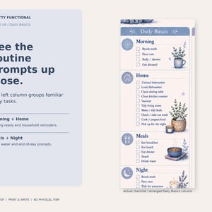 Enlarged Daily Basics column from the actual Cozy Daily Checklist checklist, showing Morning, Home, Meals and Night.