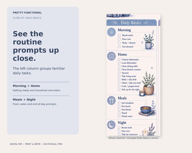 Enlarged Daily Basics column from the actual Cozy Daily Checklist checklist, showing Morning, Home, Meals and Night.