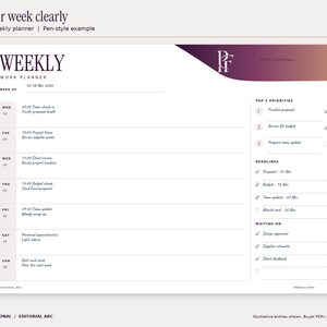 Editorial Arc weekly printable planner filled with an illustrative November 2026 office planning example. All seven days, priorities, deadlines and waiting-on entries are visible. Design uses plum and copper gradients and the PF monogram.