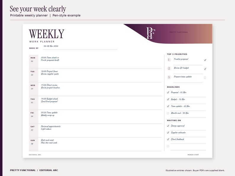 Editorial Arc weekly printable planner filled with an illustrative November 2026 office planning example. All seven days, priorities, deadlines and waiting-on entries are visible. Design uses plum and copper gradients and the PF monogram.