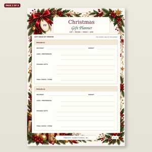 Christmas Gift Planner page 2 shown straight and large: Gift ideas by person, with the actual printable layout and Pretty Functional NL branding.