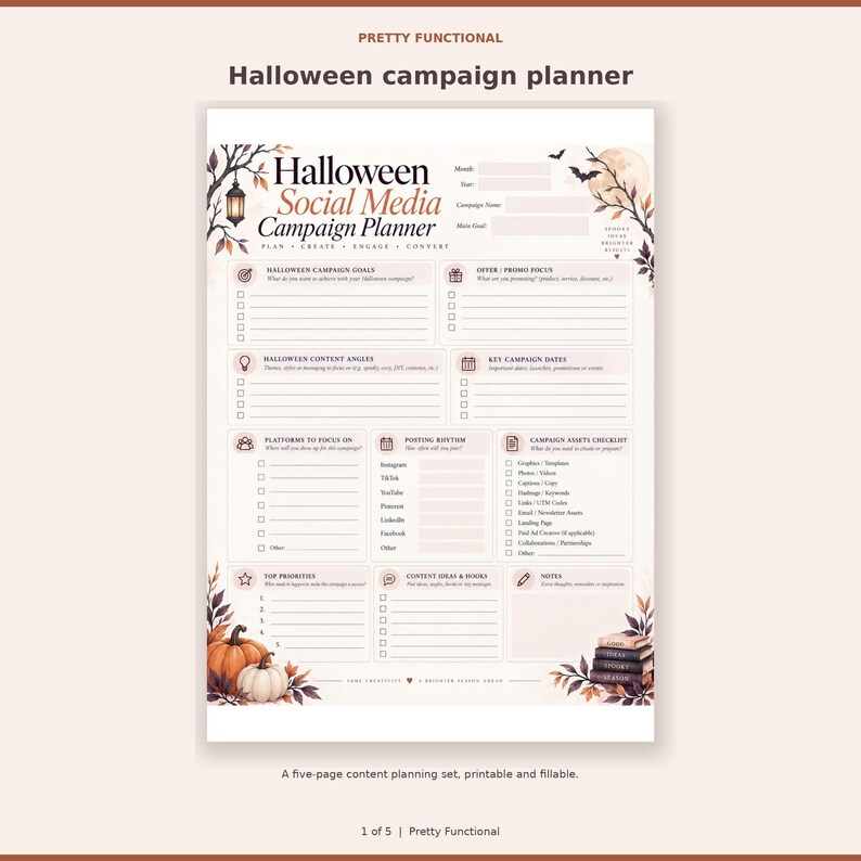 Centered illustrated Halloween campaign overview page from the five-page social media planner.