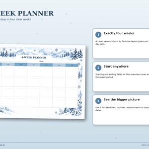 Winter Mountains four-week planner with exactly 28 undated day boxes arranged across four clear weeks.