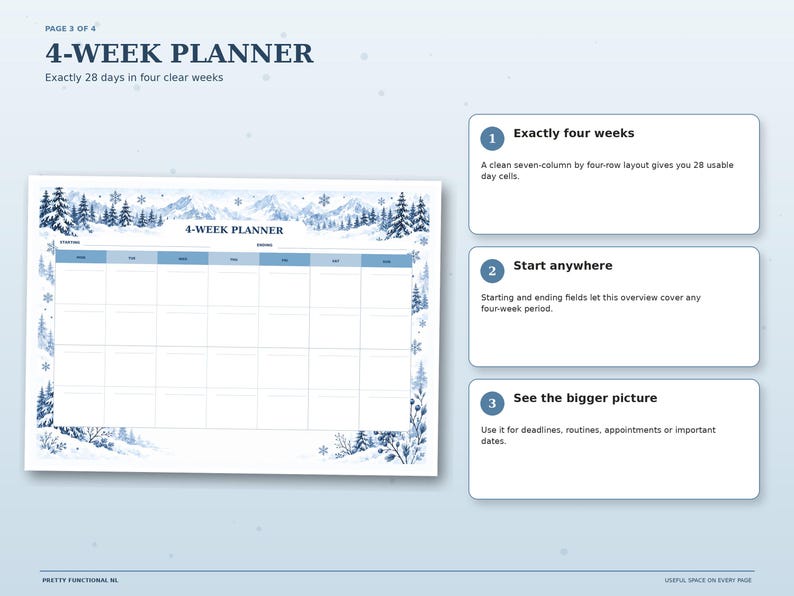 Winter Mountains four-week planner with exactly 28 undated day boxes arranged across four clear weeks.