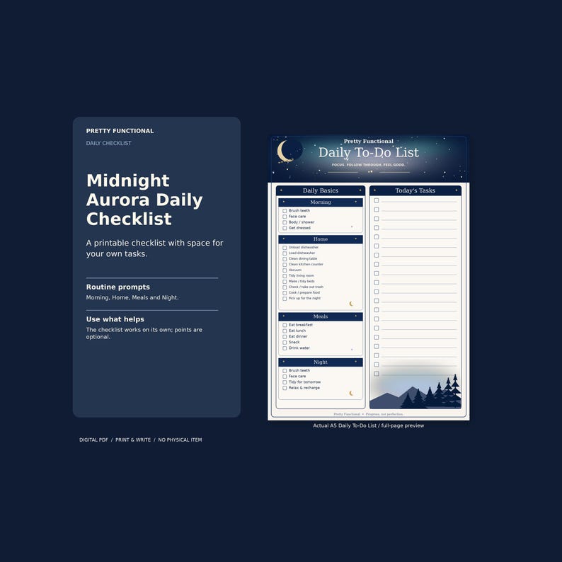 Actual Midnight Aurora A5 Daily To-Do List with Morning, Home, Meals, Night and Today’s Tasks, shown as a full-page printable preview.