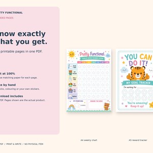 Actual two-page toddler PDF preview: A4 weekly routine chart and A5 ten-star goal tracker, with paper-size and print guidance.