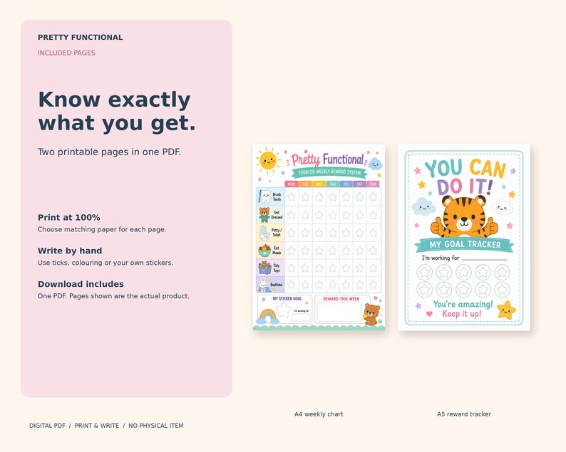 Actual two-page toddler PDF preview: A4 weekly routine chart and A5 ten-star goal tracker, with paper-size and print guidance.