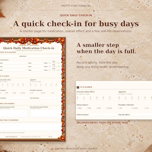 Autumn Quick Daily Medication Check-in, with a complete page and enlarged actual detail for overall effect, appetite, sleep and rebound observations.
