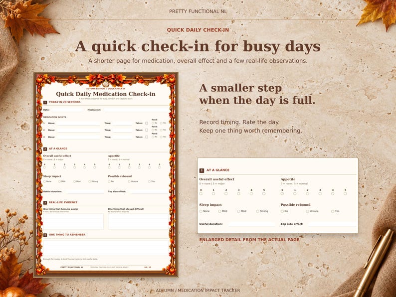 Autumn Quick Daily Medication Check-in, with a complete page and enlarged actual detail for overall effect, appetite, sleep and rebound observations.