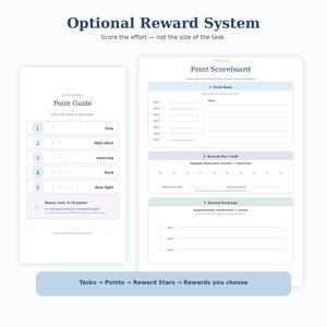 A product showcase titled Optional Reward System displaying the Point Guide and Point Scoreboard pages side by side.