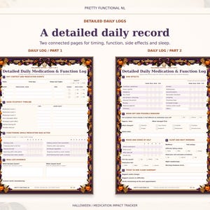 Two complete detailed daily medication log pages in the Halloween design, showing dose timing, functioning ratings, side effects, sleep and real-life examples.