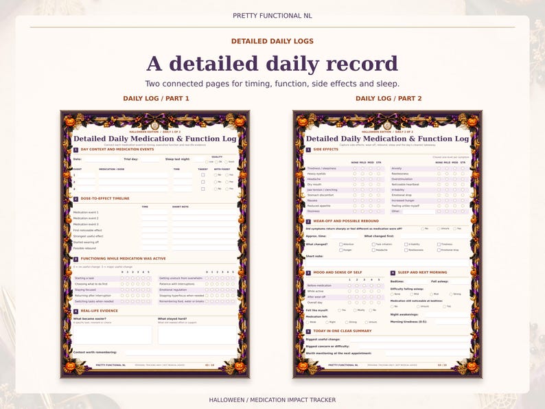 Two complete detailed daily medication log pages in the Halloween design, showing dose timing, functioning ratings, side effects, sleep and real-life examples.