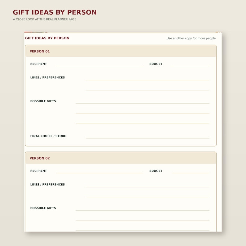 Enlarged detail of Christmas Gift Planner page 2: Gift ideas by person; readable original table and writing areas.