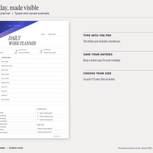 Studio Fold daily fillable planner with a November 2 workday example, top priorities, hourly schedule, tasks and follow-ups. Typed entries and selected checkboxes are rendered from the saved fillable PDF. Design uses cobalt and purple gradients and the PF monogram.
