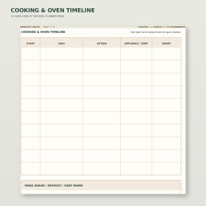 Enlarged detail of Christmas Dinner & Hosting Planner page 3: Cooking & oven timeline; readable original table and writing areas.