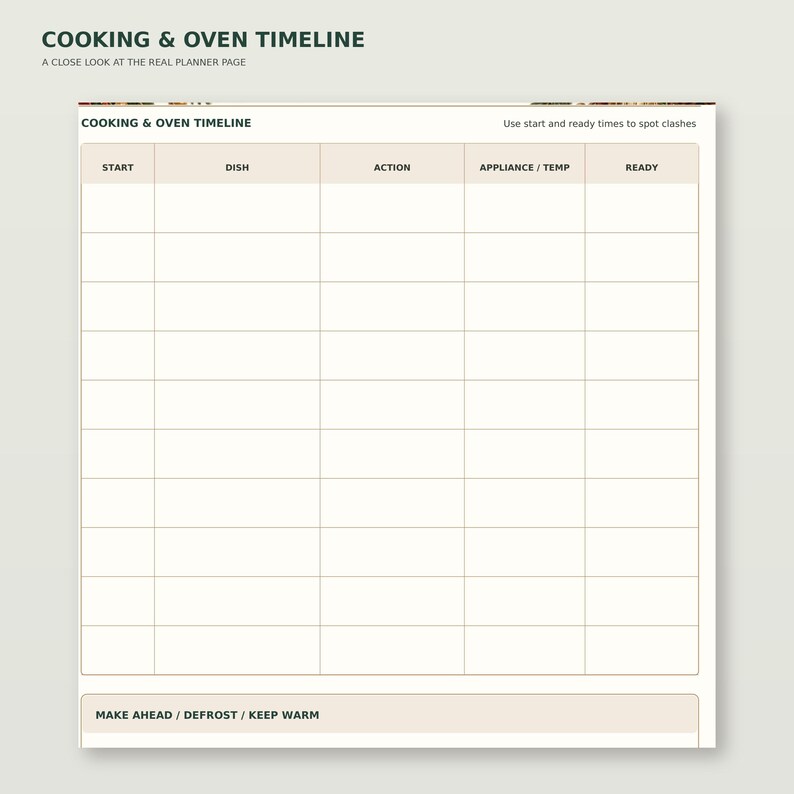 Enlarged detail of Christmas Dinner & Hosting Planner page 3: Cooking & oven timeline; readable original table and writing areas.