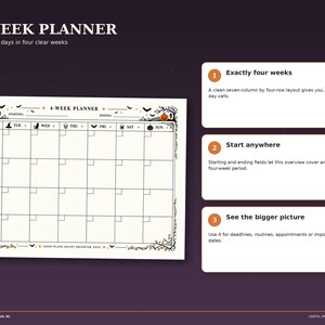 Halloween four-week planner page with a 28-day grid for mapping a full month of events, deadlines and appointments, decorated with pumpkins and fall leaves.