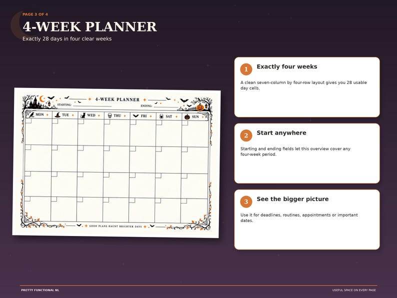 Halloween four-week planner page with a 28-day grid for mapping a full month of events, deadlines and appointments, decorated with pumpkins and fall leaves.