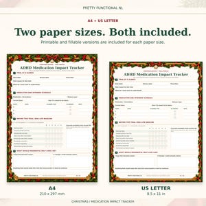 Christmas medication tracker in A4 and US Letter, shown at matching physical scale. Both sizes include printable and fillable versions.
