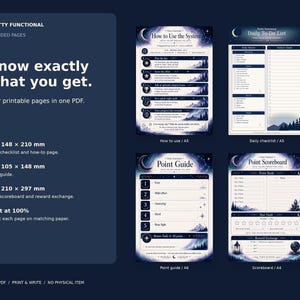 All four actual Midnight Aurora PDF pages: A5 instructions, A5 checklist, A6 Point Guide and A4 scoreboard, with matching-paper print guidance.