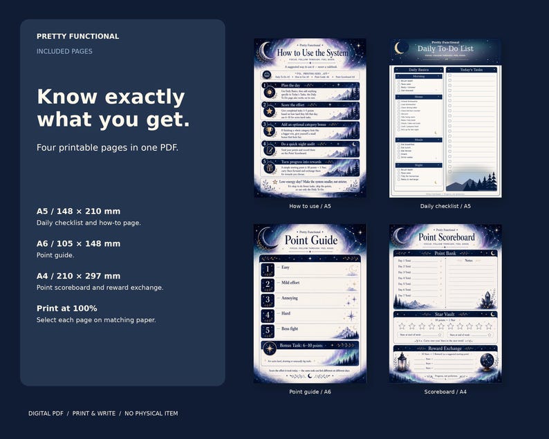 All four actual Midnight Aurora PDF pages: A5 instructions, A5 checklist, A6 Point Guide and A4 scoreboard, with matching-paper print guidance.