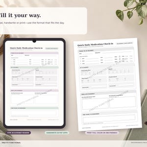 Quick daily check-in shown on a tablet beside an ink-friendly printed page, demonstrating typing in Acrobat Reader, annotation in a PDF app and printing by hand.