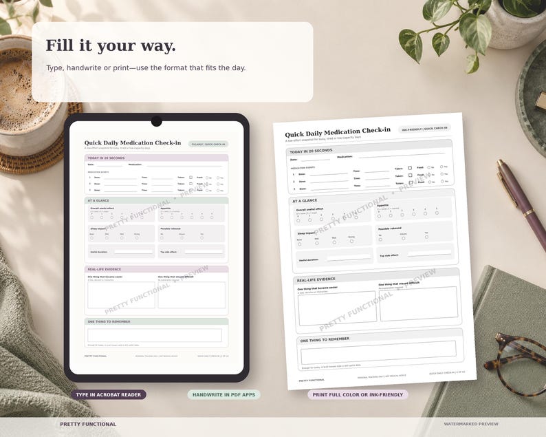Quick daily check-in shown on a tablet beside an ink-friendly printed page, demonstrating typing in Acrobat Reader, annotation in a PDF app and printing by hand.