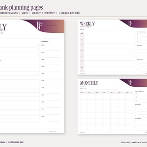 Blank Editorial Arc daily, weekly and monthly planner pages, showing the three actual page designs supplied in each bundle. Weekly and monthly pages start on Monday in A4 and Sunday in US Letter. Design uses plum and copper gradients and the PF monogram.