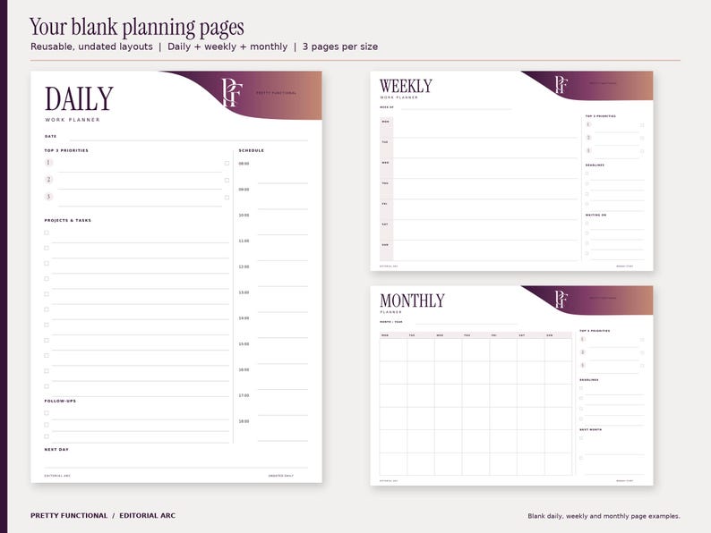 Blank Editorial Arc daily, weekly and monthly planner pages, showing the three actual page designs supplied in each bundle. Weekly and monthly pages start on Monday in A4 and Sunday in US Letter. Design uses plum and copper gradients and the PF monogram.