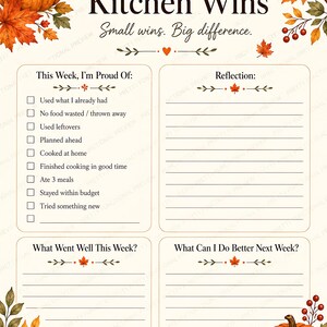 A printable weekly kitchen wins planner page with check boxes for achievements and reflection prompts, framed by fall foliage and pumpkins.