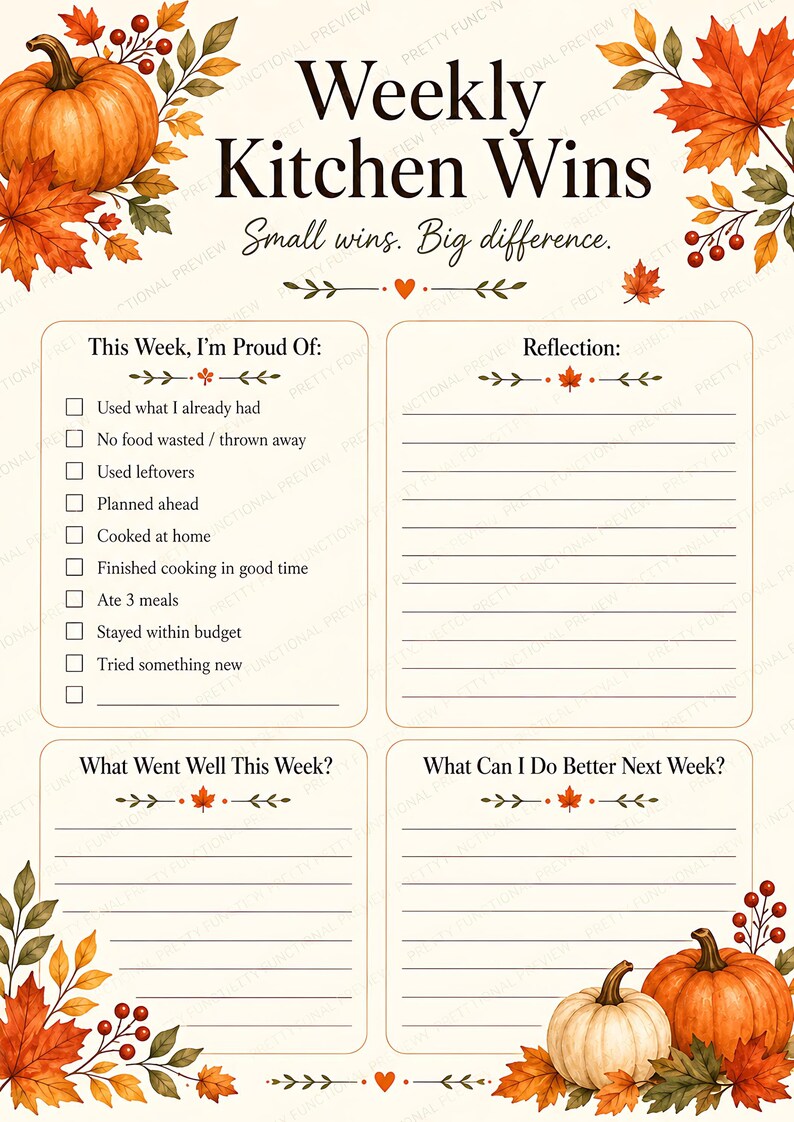 A printable weekly kitchen wins planner page with check boxes for achievements and reflection prompts, framed by fall foliage and pumpkins.