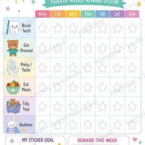 A colorful toddler weekly reward chart with illustrated icons for tasks like brushing teeth and getting dressed, alongside empty star slots for each day.