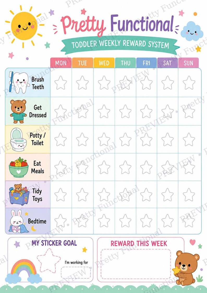 A colorful toddler weekly reward chart with illustrated icons for tasks like brushing teeth and getting dressed, alongside empty star slots for each day.