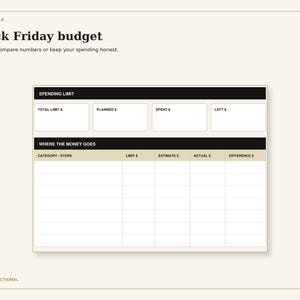 Detail from page three, Black Friday budget, showing the actual writing spaces.