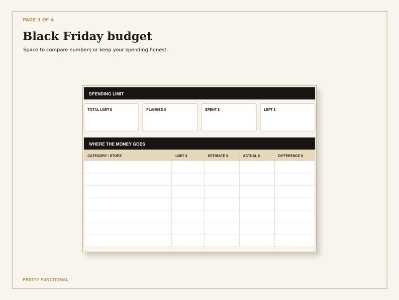 Detail from page three, Black Friday budget, showing the actual writing spaces.
