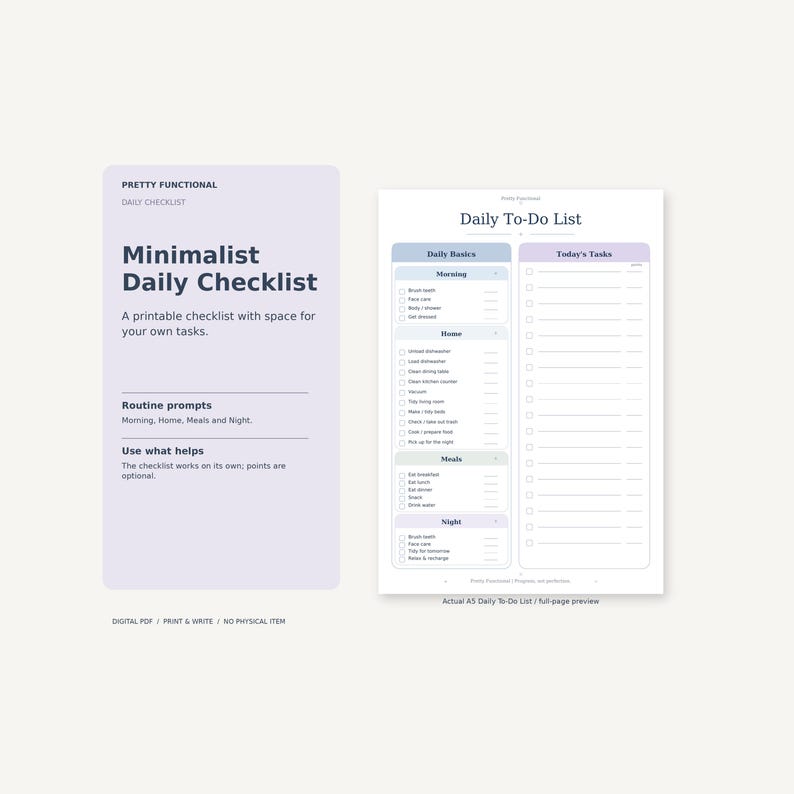 Actual Minimalist Daily Checklist A5 Daily To-Do List with Morning, Home, Meals, Night and Today’s Tasks, shown as a full-page printable preview.