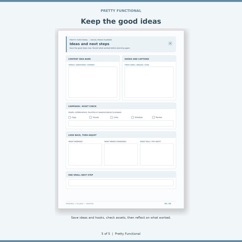 Winter content idea bank and review page with hooks, asset checklist, reflections and next step.