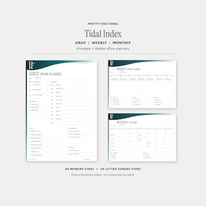 Puede incluir: Un conjunto de planificadores de oficina imprimibles y rellenables titulados Tidal Index de Pretty Functional. La colección incluye un planificador diario, semanal y mensual, todos con un diseño de encabezado en verde azulado.
